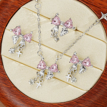 DAIIIBABYYY  -  2024 Fashion Sweet Zircon Bow Necklace Earrings Rings Set Three Pieces Silver Color Elegent Luxury Y2K Jewelry Set Party Gifts 